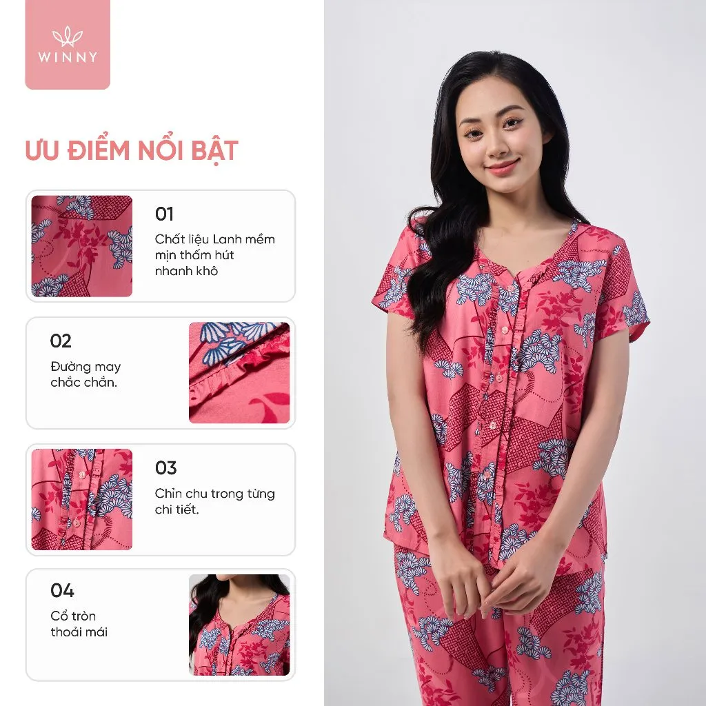 Ảnh Bộ mặc nhà nữ WINNY kiểu cộc tay quần dài chất lanh mềm mát 2MNLA23035D 1