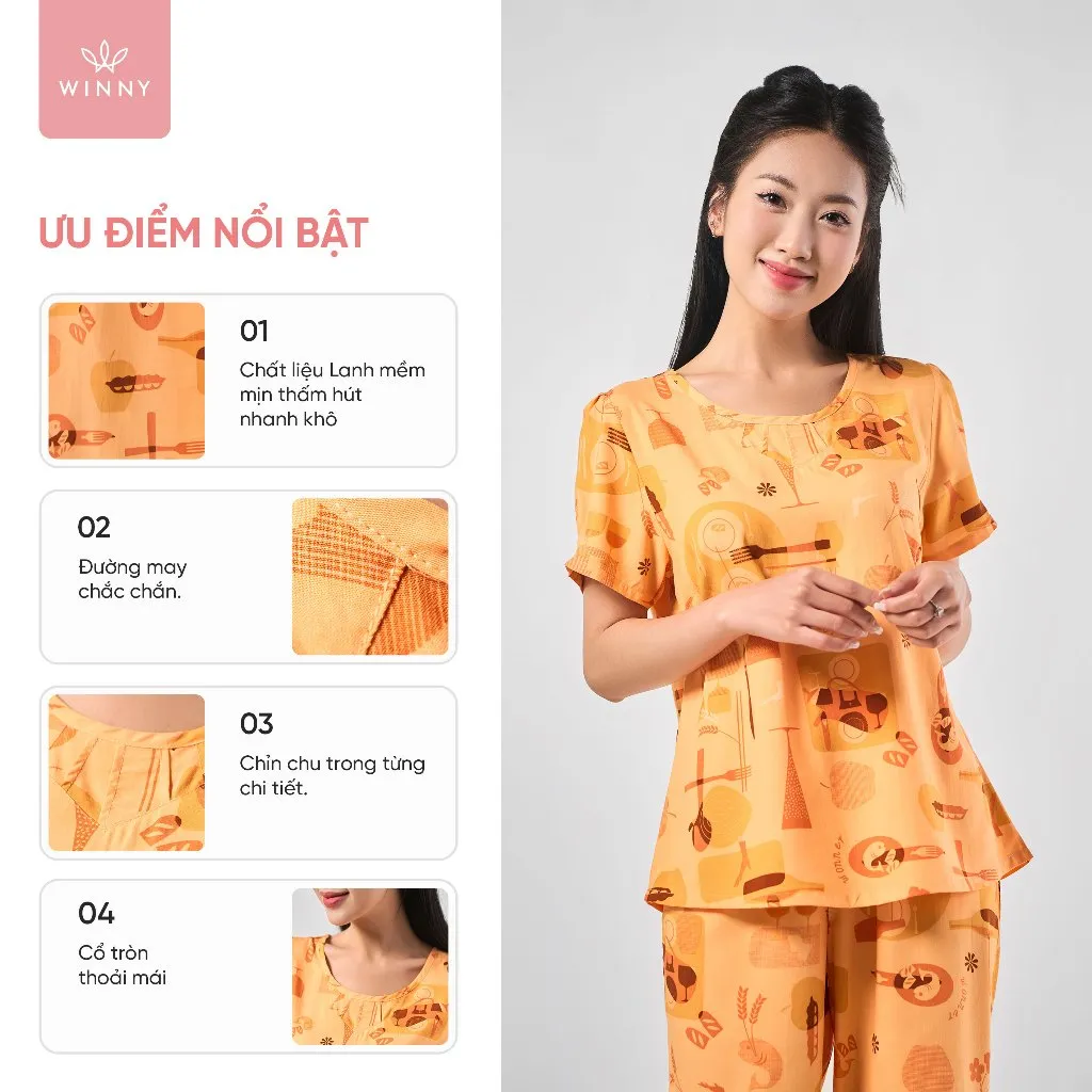 Ảnh Bộ mặc nhà nữ WINNY kiểu cộc tay quần ngố chất lanh mềm 2MNLA23033N 2