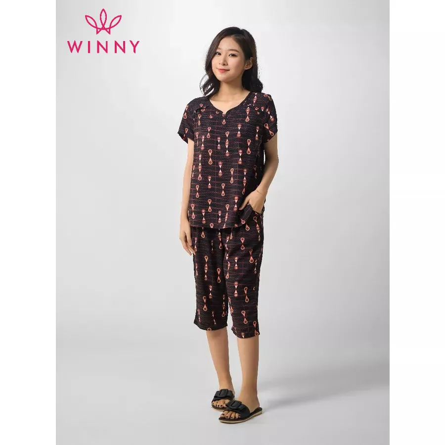 Ảnh Bộ mặc nhà nữ WINNY kiểu cộc tay quần ngố chất lanh mềm mát mùa hè 2MNLA23023N 4