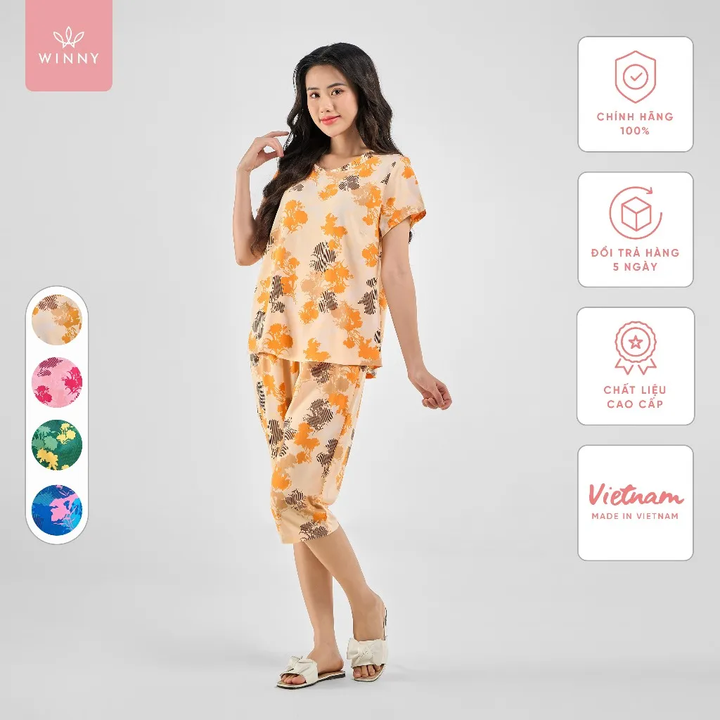 Ảnh Bộ mặc nhà nữ WINNY kiểu cộc tay quần ngố chất lanh mềm mát thấm hút 2MNLA23039N 1