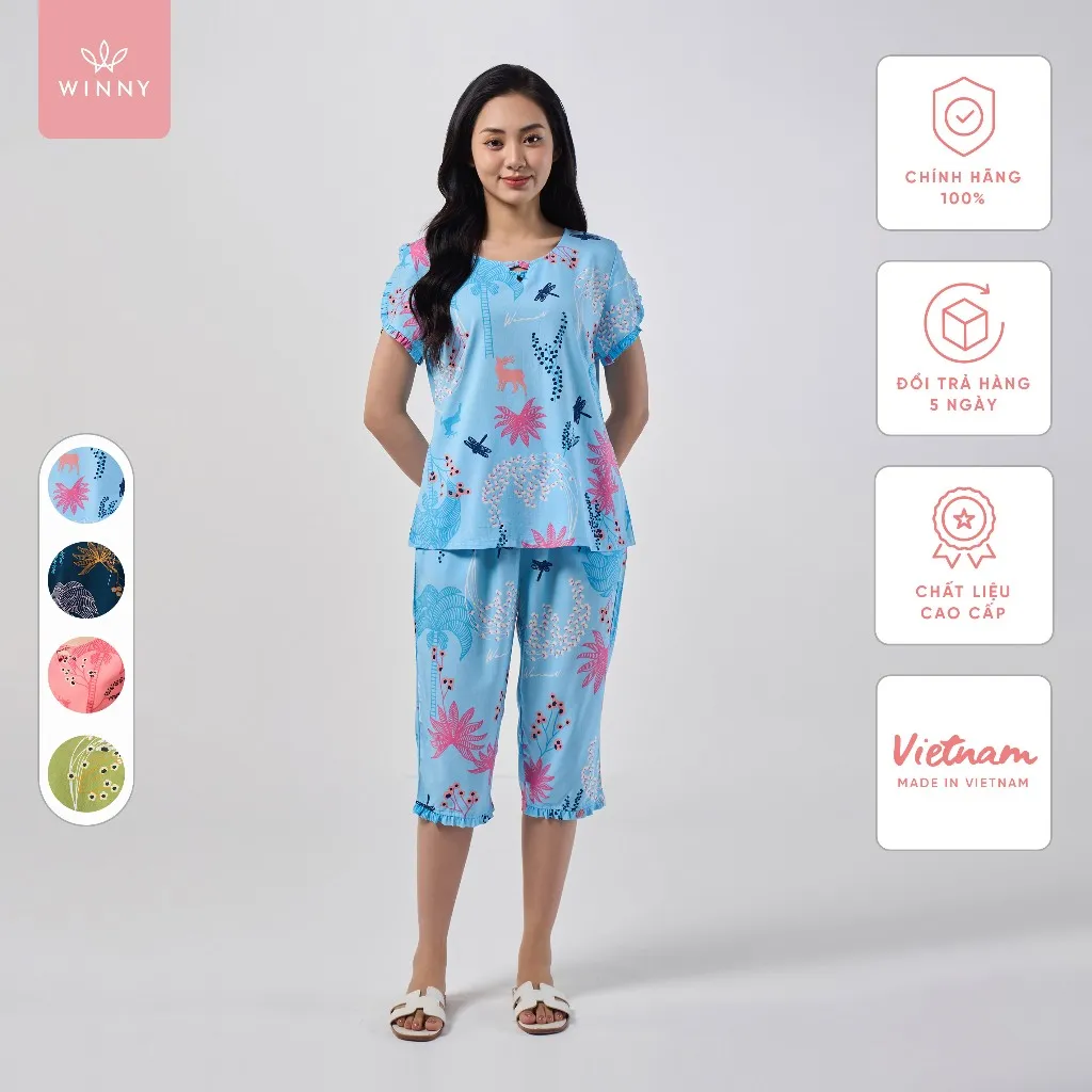 Ảnh Bộ mặc nhà nữ WINNY kiểu cộc tay quần ngố chất lanh mềm mát thấm hút nhanh khô 2MNLA23009N 1