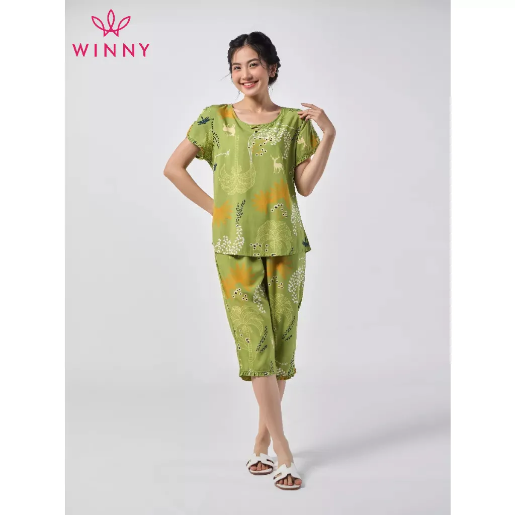 Ảnh Bộ mặc nhà nữ WINNY kiểu cộc tay quần ngố chất lanh mềm mát thấm hút nhanh khô 2MNLA23009N 4