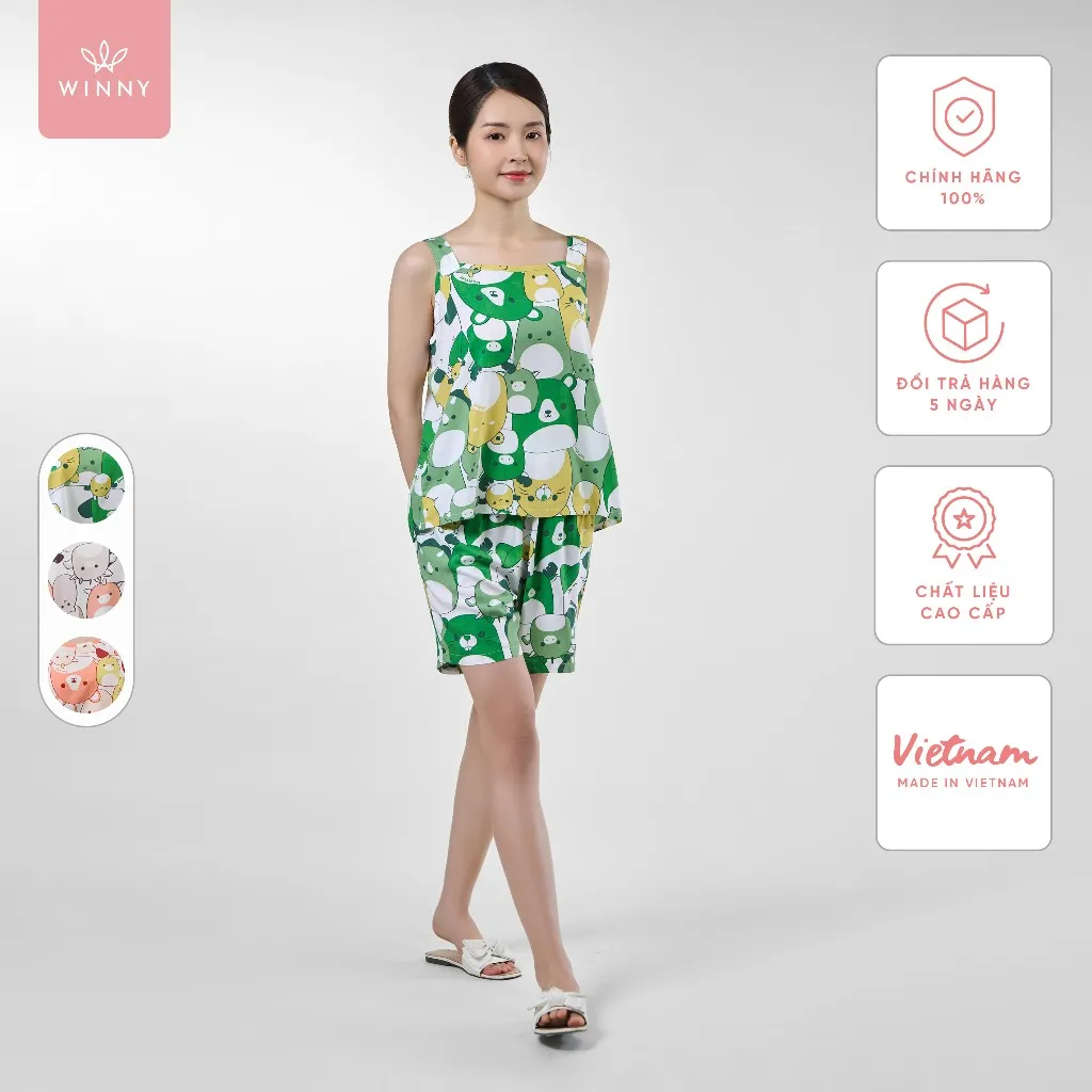 Ảnh Bộ mặc nhà nữ WINNY kiểu hai dây quần đùi chất lanh mát 2MNLA23050H 1
