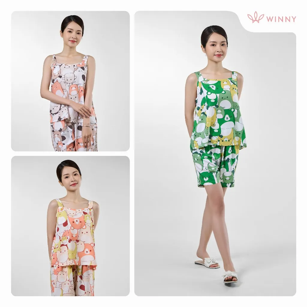 Ảnh Bộ mặc nhà nữ WINNY kiểu hai dây quần đùi chất lanh mát 2MNLA23050H 3