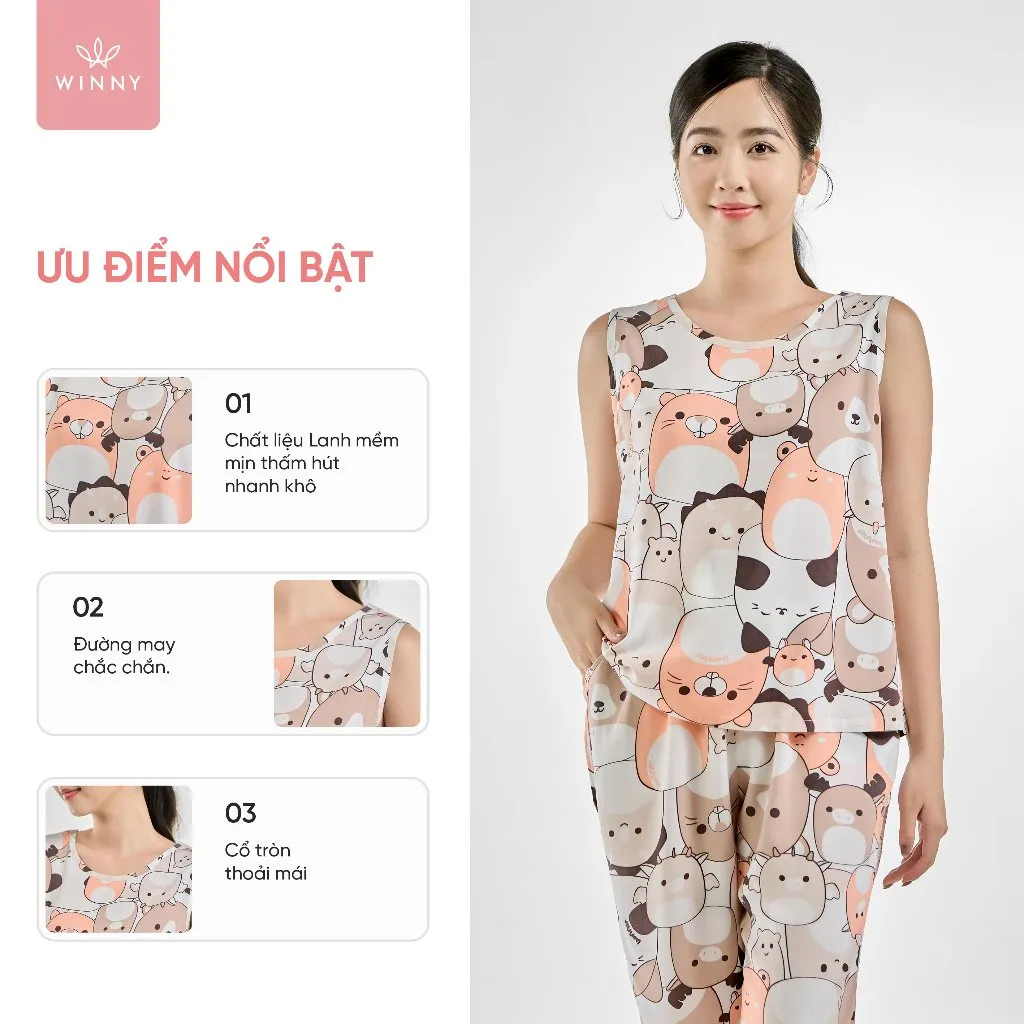 Ảnh Bộ mặc nhà nữ WINNY kiểu sát tay quần ngố chất lanh mềm mát 2MNLA23049S 2