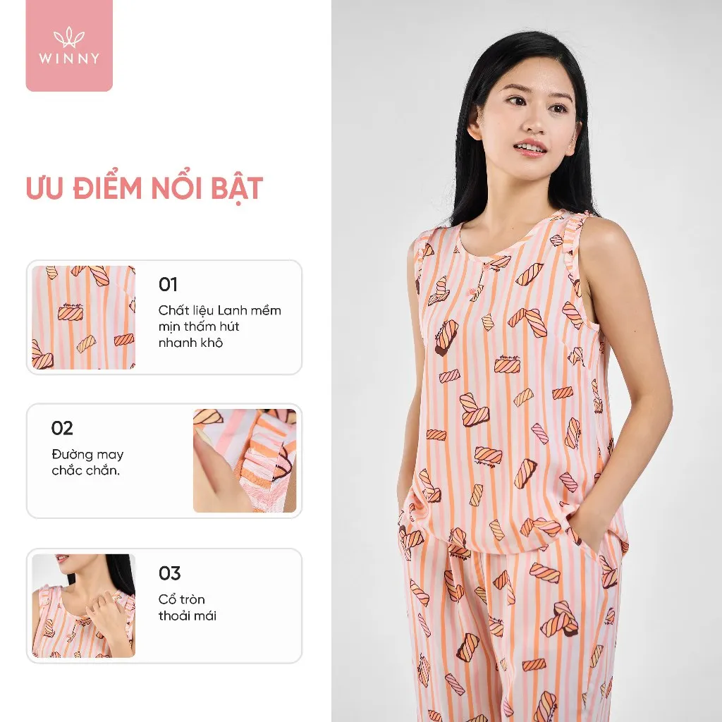 Ảnh Bộ mặc nhà nữ WINNY kiểu sát nách quần ngố chất lanh mịn thấm hút nhanh khô 2MNLA23057S 2