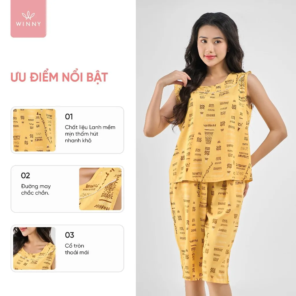 Ảnh Bộ mặc nhà nữ WINNY kiểu sát nách quần ngố chất lanh mềm mát 2MNLA23032S 3