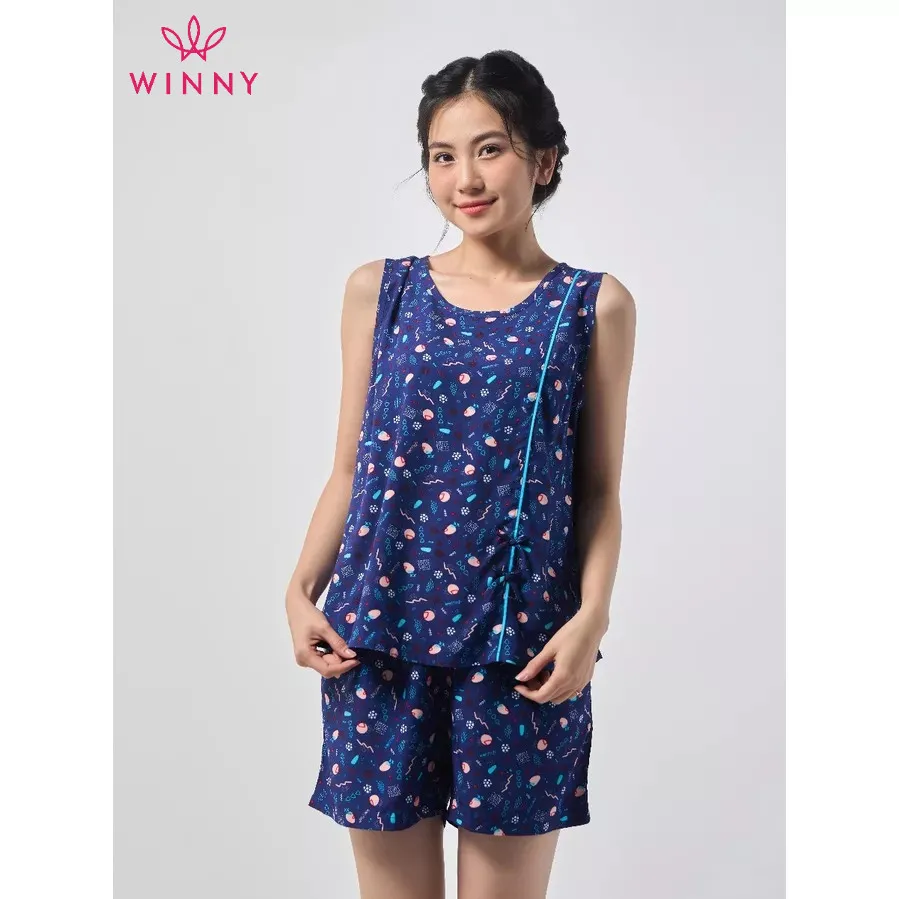 Ảnh Bộ mặc nhà nữ WINNY kiểu sát nách quần đùi chất lanh mềm mịn thấm hút nhanh khô 2MNLA23024B 4