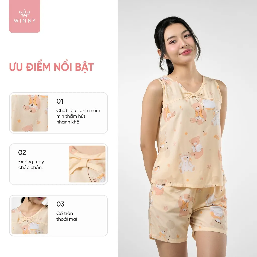 Ảnh Bộ mặc nhà nữ WINNY kiểu sát nách quần đùi chất lanh mềm mát 2MNLA23059B 1