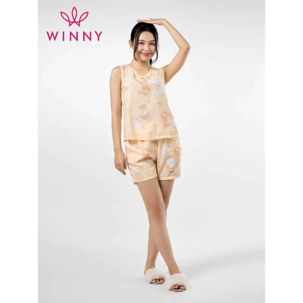 Ảnh Bộ mặc nhà nữ WINNY kiểu sát nách quần đùi chất lanh mềm mát 2MNLA23059B 4
