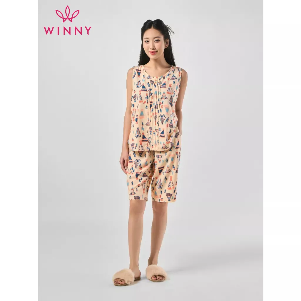 Ảnh Bộ mặc nhà nữ WINNY kiểu sát nách quần ngố chất lanh mát 2MNLA23022S 3
