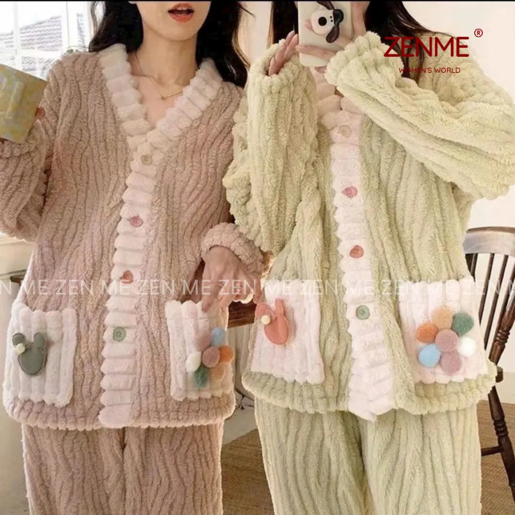 Ảnh Bộ ngủ lông phối siêu kute dễ thương ulzzang ,bộ đồ mặc nhà xinh sắn ấm áp mùa đông ZENME BLN01 1