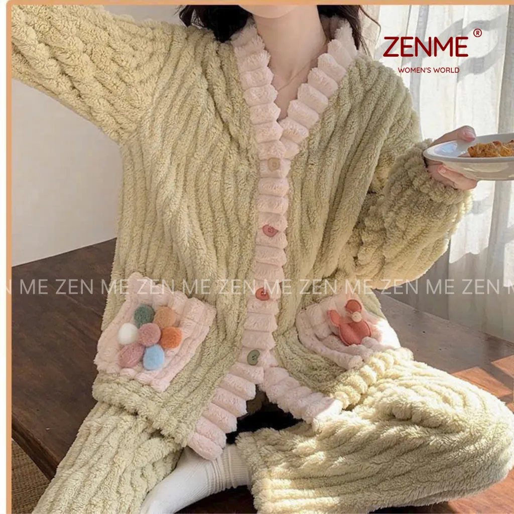 Ảnh Bộ ngủ lông phối siêu kute dễ thương ulzzang ,bộ đồ mặc nhà xinh sắn ấm áp mùa đông ZENME BLN01 2