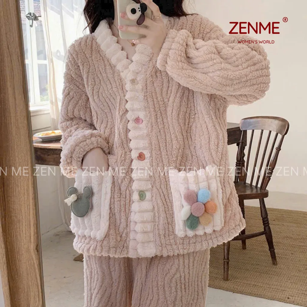 Ảnh Bộ ngủ lông phối siêu kute dễ thương ulzzang ,bộ đồ mặc nhà xinh sắn ấm áp mùa đông ZENME BLN01 4