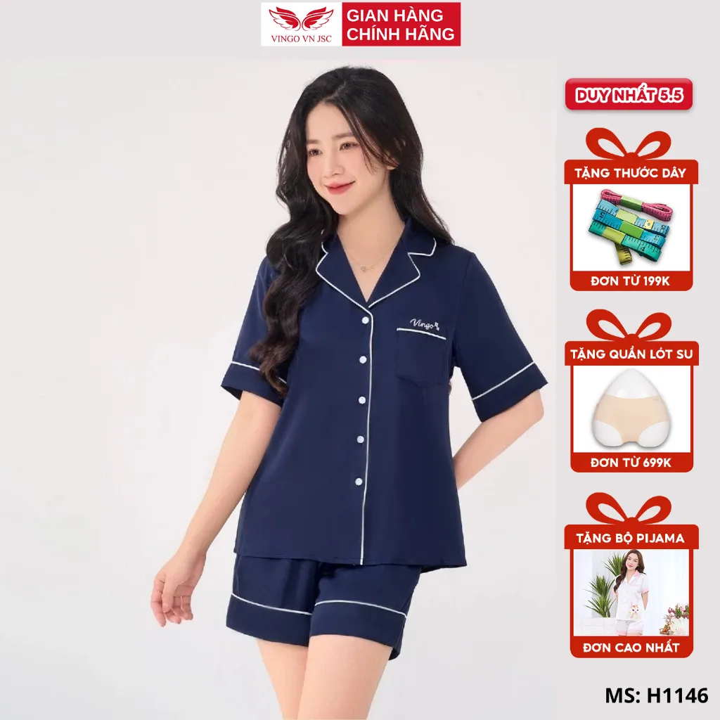 Ảnh Bộ ngủ lụa Pijama mặc nhà trơn VINGO tay ngắn mùa Hè H1146 VNGO 1