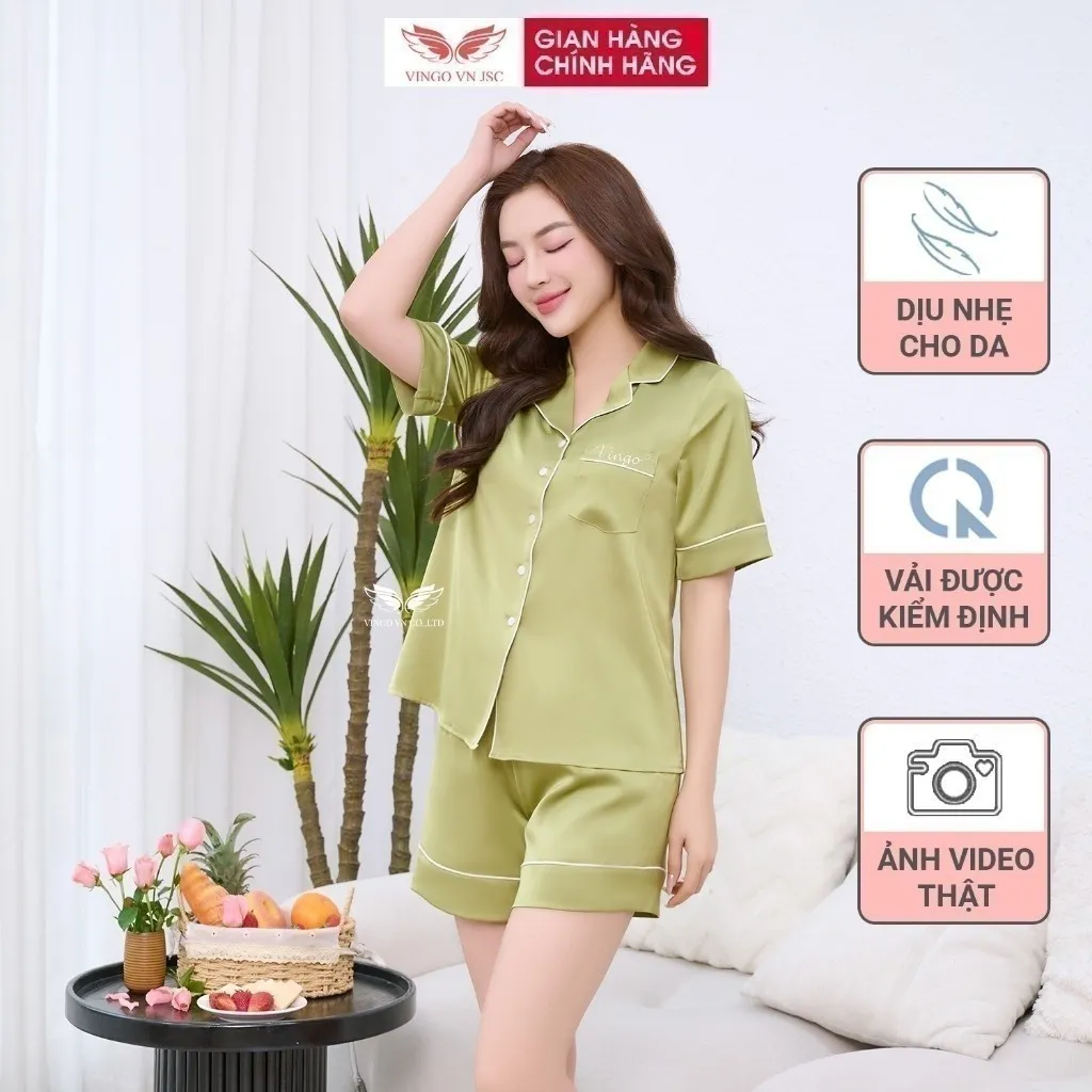 Ảnh Bộ ngủ lụa Pijama mặc nhà trơn VINGO tay ngắn mùa Hè H1146 VNGO 3