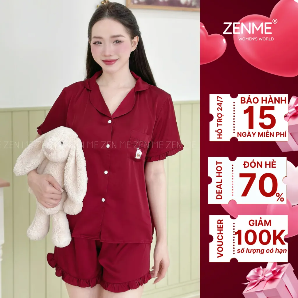 Ảnh Bộ Ngủ Pijama Viền Bèo Cộc Dài  Lụa Cao Cấp ZENME Bộ Mặc Nhà Nữ Lụa Latin Form Rộng PJVB0924 2