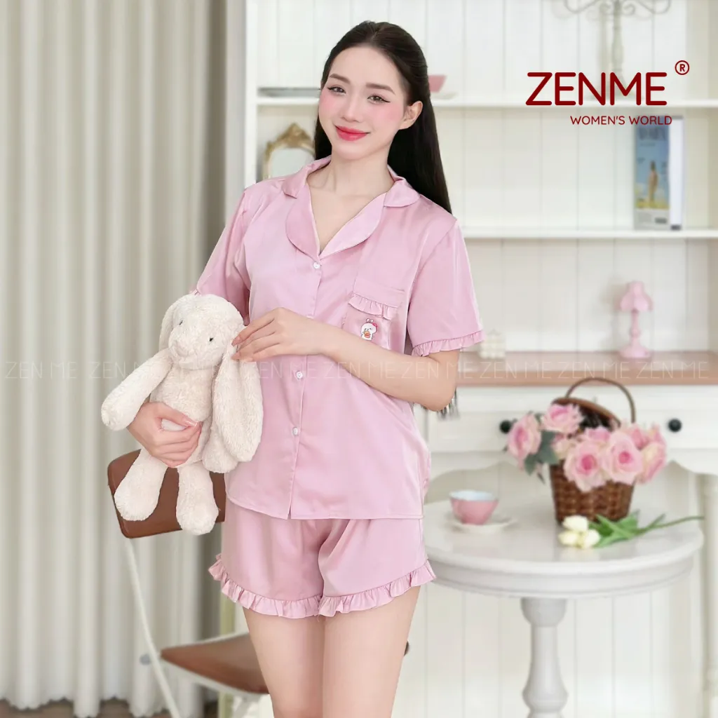 Ảnh Bộ Ngủ Pijama Viền Bèo Lụa Cao Cấp ZENME Bộ Mặc Nhà Nữ Lụa Latin Form Rộng PJVB0524 3