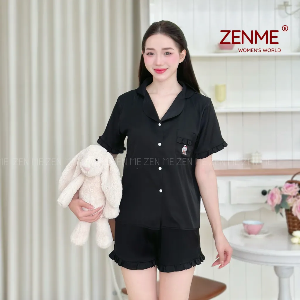 Ảnh Bộ Ngủ Pijama Viền Bèo Lụa Cao Cấp ZENME Bộ Mặc Nhà Nữ Lụa Latin Form Rộng PJVB0524 4