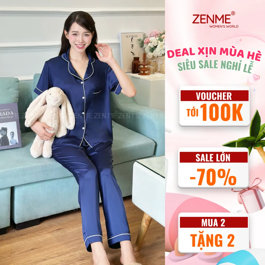 Ảnh Bộ Ngủ Pijama ZENME Lụa Latin Cao Cấp Mặc Nhà Nữ Tay Ngắn Quần Dài Xanh Than PJD0322 2