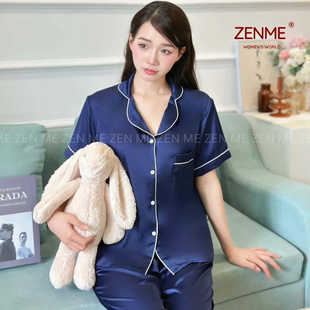 Ảnh Bộ Ngủ Pijama ZENME Lụa Latin Cao Cấp Mặc Nhà Nữ Tay Ngắn Quần Dài Xanh Than PJD0322 4