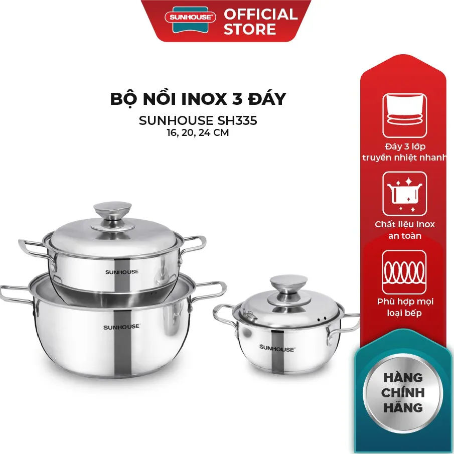 Ảnh Bộ nồi Inox 3 đáy Sunhouse SH335 size 16cm-20cm-24cm - Đáy từ dùng mọi loại bếp - 3 lớp đáy - Hàng chính hãng 1
