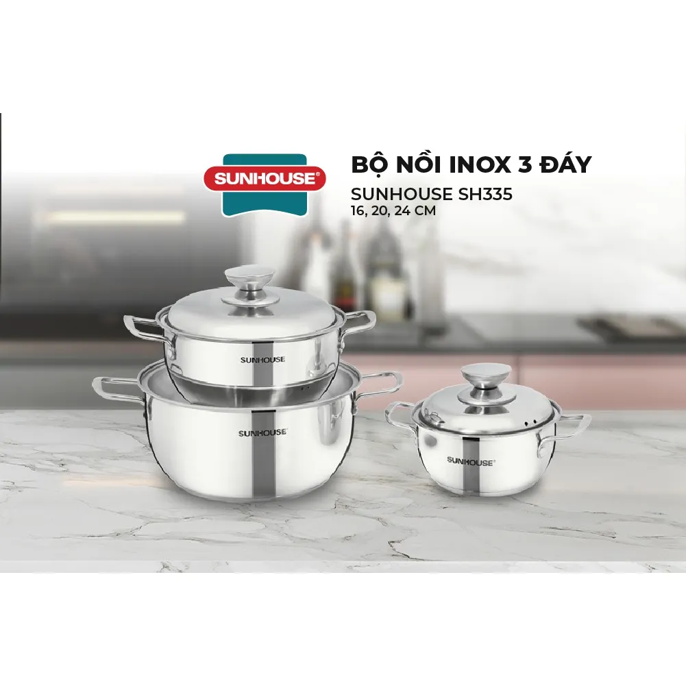 Ảnh Bộ nồi Inox 3 đáy Sunhouse SH335 size 16cm-20cm-24cm - Đáy từ dùng mọi loại bếp - 3 lớp đáy - Hàng chính hãng 2