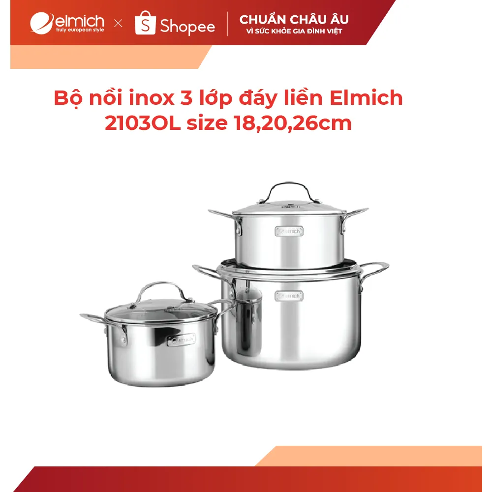 Ảnh Bộ nồi inox cao cấp 3 lớp đáy liền Trimax 3 chiếc EL-2103 size 18,20,26cm 2