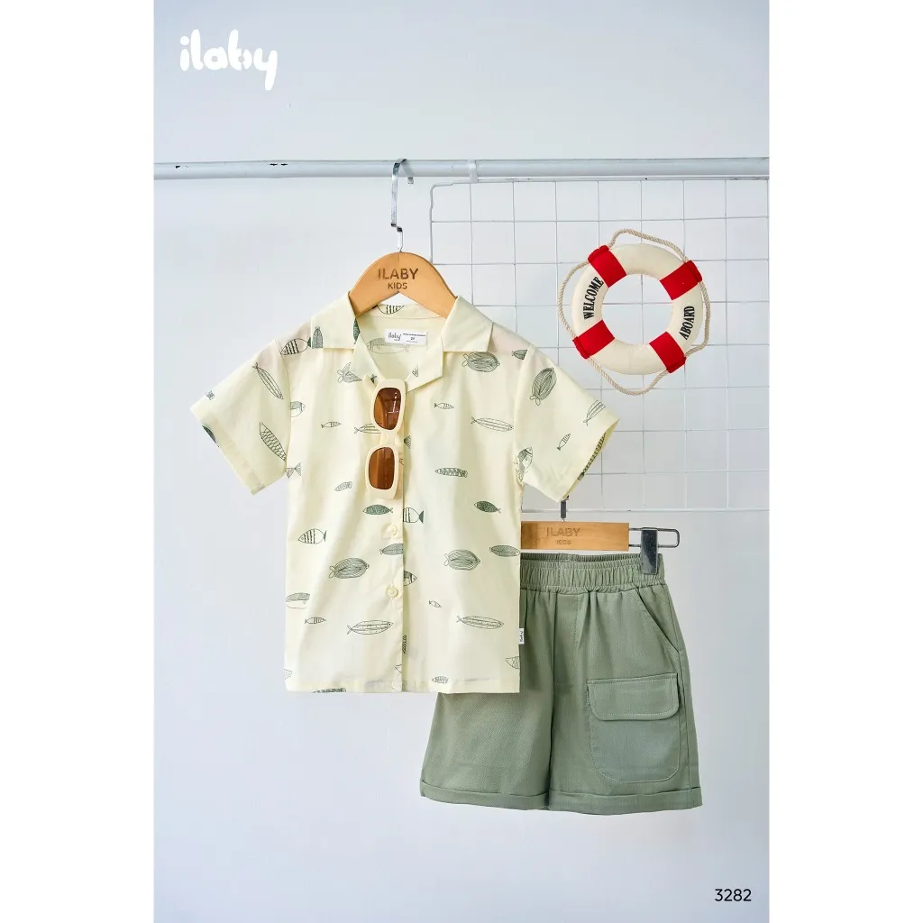 Ảnh Bộ đồ bé traiILABY  sơ mi ngắn tay họa tiết cá chất liệu cotton thoáng mát kèm quần short túi hộp [3282] 2
