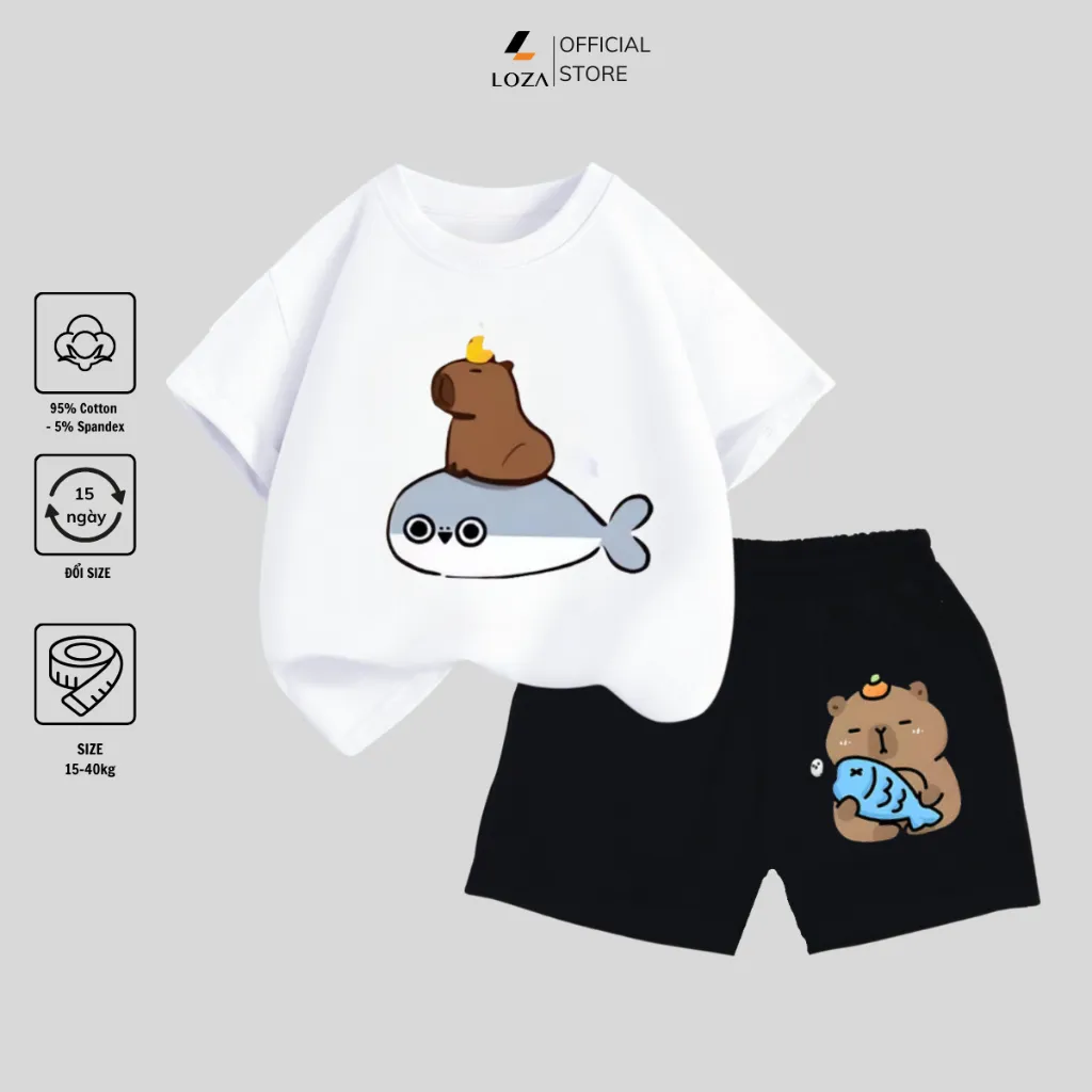 Ảnh Bộ đồ Capybara cưỡi cá heo mẫu mới 2025 cho bé trai size từ 15-40kg - Quần áo bé trai Loza Kids SB107 1