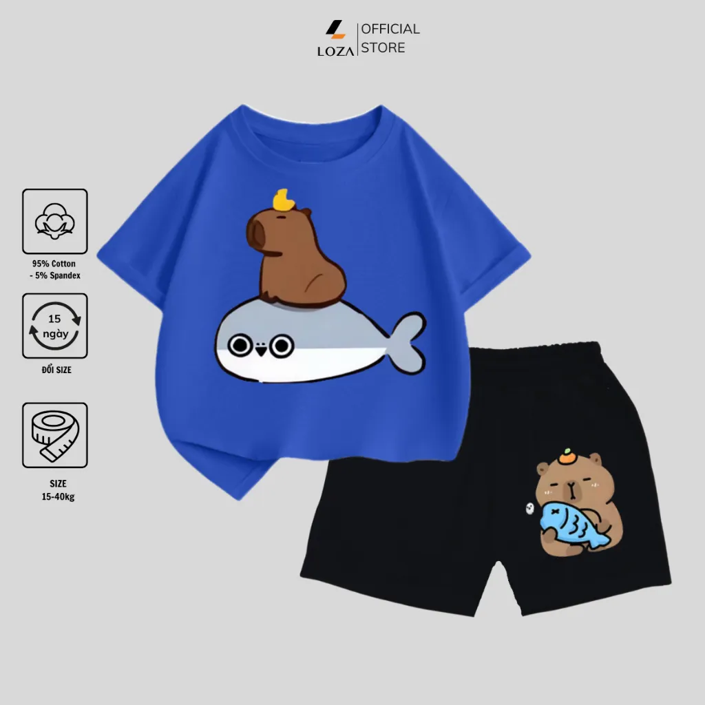 Ảnh Bộ đồ Capybara cưỡi cá heo mẫu mới 2025 cho bé trai size từ 15-40kg - Quần áo bé trai Loza Kids SB107 2