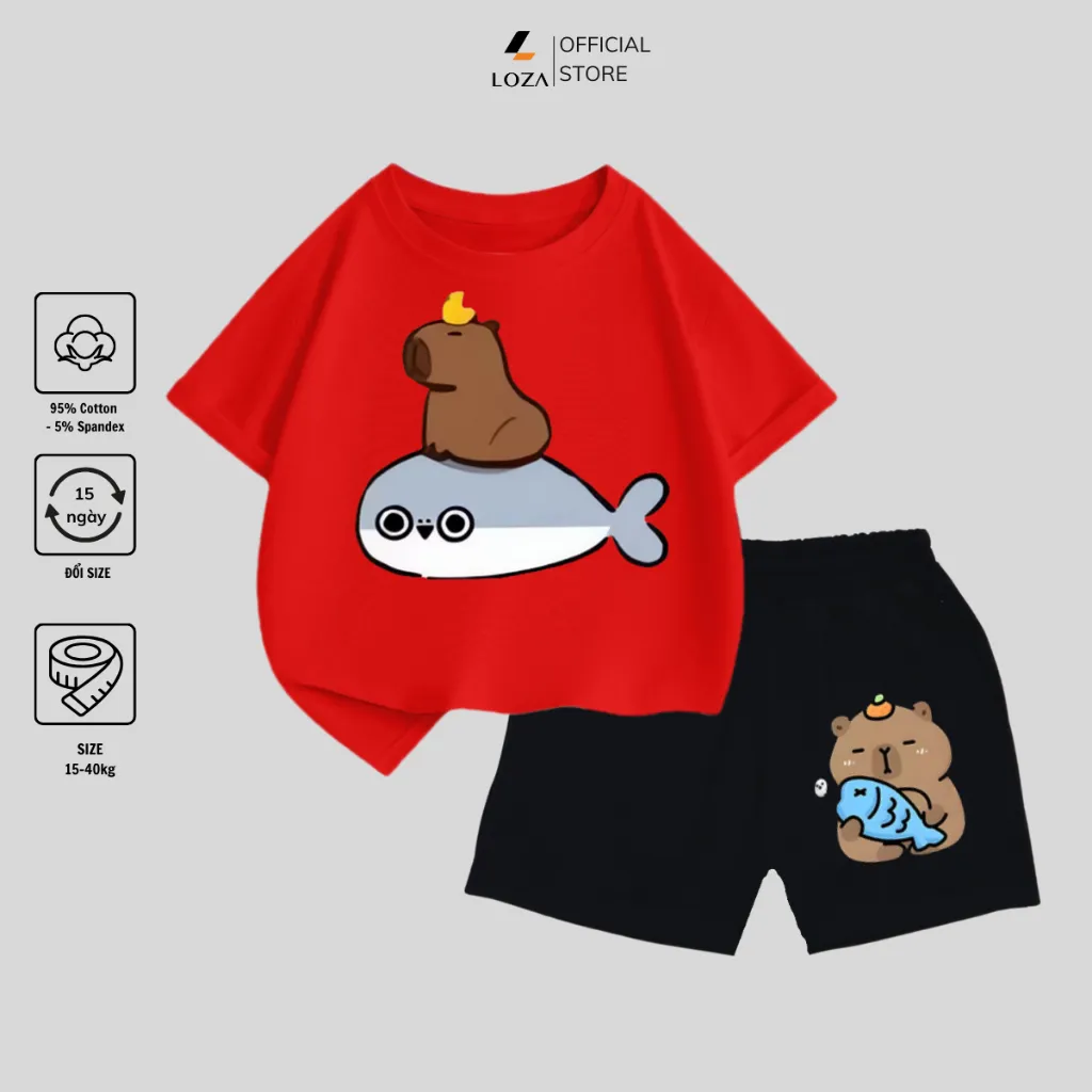 Ảnh Bộ đồ Capybara cưỡi cá heo mẫu mới 2025 cho bé trai size từ 15-40kg - Quần áo bé trai Loza Kids SB107 3