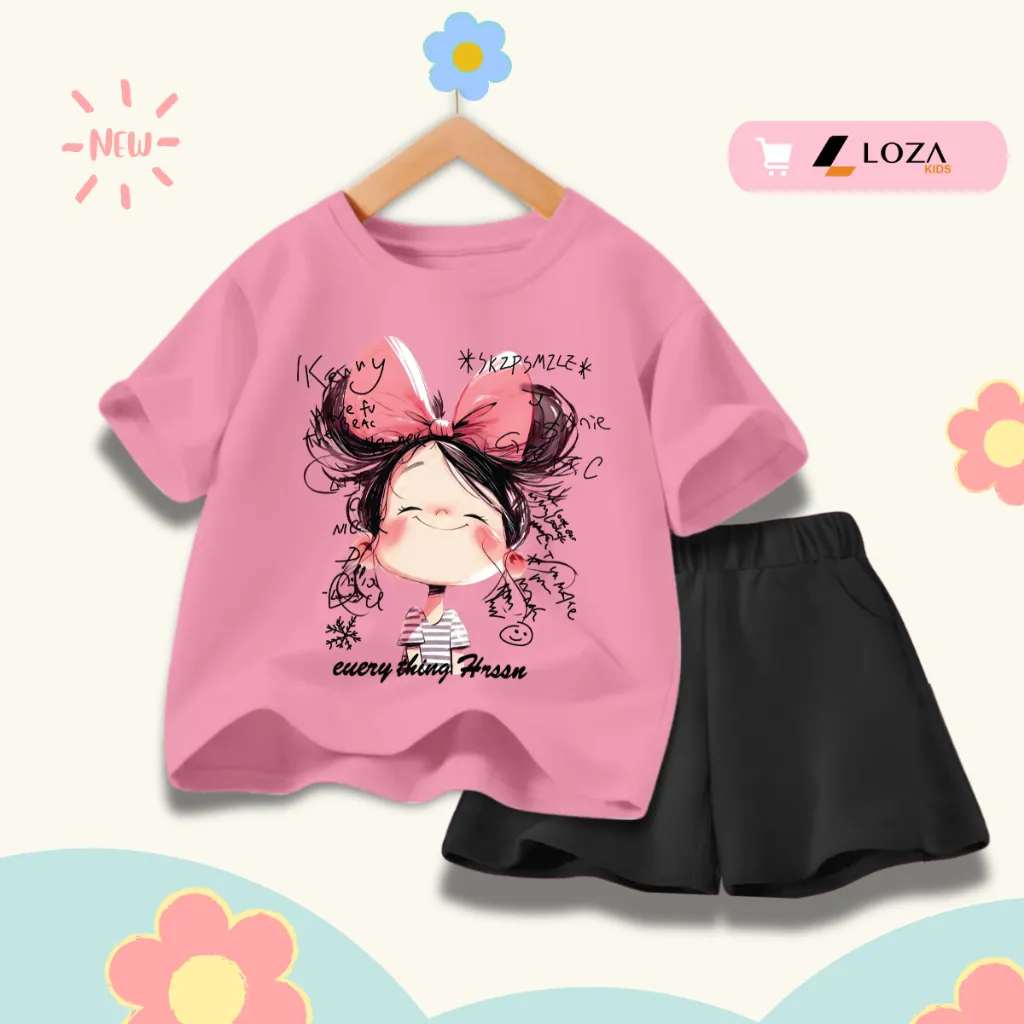 Ảnh Bộ đồ cho bé gái in hình bé gái nơ hồng hot trend 2025 - Quần áo trẻ em nữ size từ 15-40kg-  Loza Kids SB354 1