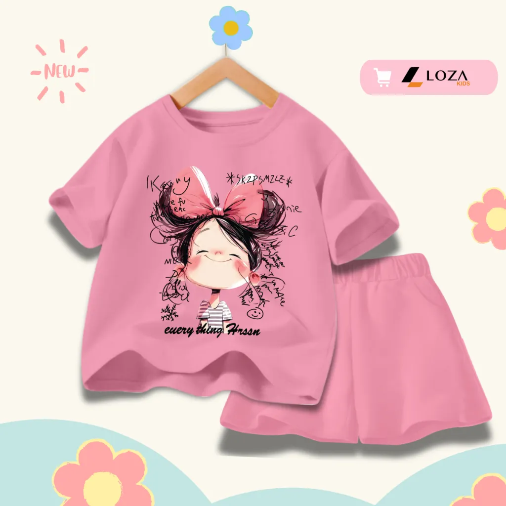 Ảnh Bộ đồ cho bé gái in hình bé gái nơ hồng hot trend 2025 - Quần áo trẻ em nữ size từ 15-40kg-  Loza Kids SB354 2