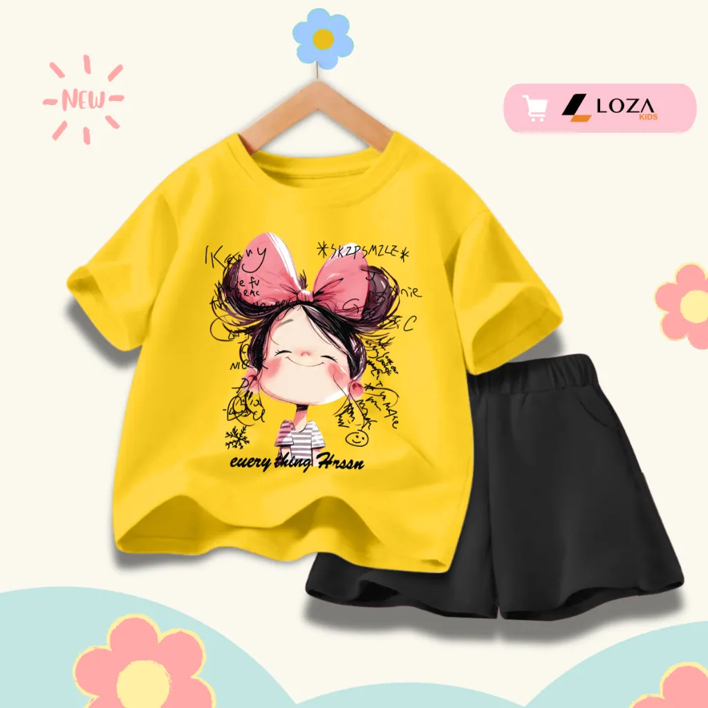 Ảnh Bộ đồ cho bé gái in hình bé gái nơ hồng hot trend 2025 - Quần áo trẻ em nữ size từ 15-40kg-  Loza Kids SB354 4