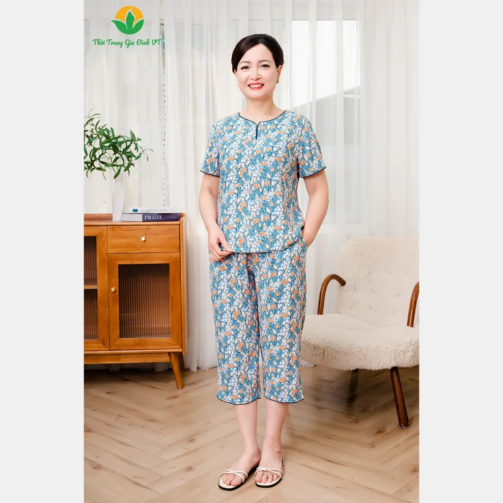 Ảnh Bộ đồ lanh tole trung niên mặc nhà thời trang Việt Thắng, quần lửng, áo cộc tay họa tiết - B06.5022 4