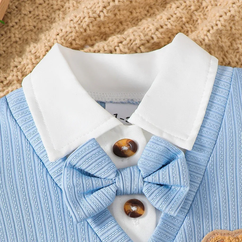 Ảnh Bộ đồ liền thân 2 trong 1 mùa hè Dapper cho bé trai 1-18 tháng: Họa tiết gân tay ngắn với họa tiết thêu gấu hoạt hình – Đóng cửa Snaps & Phong cách Gent đáng yêu 4