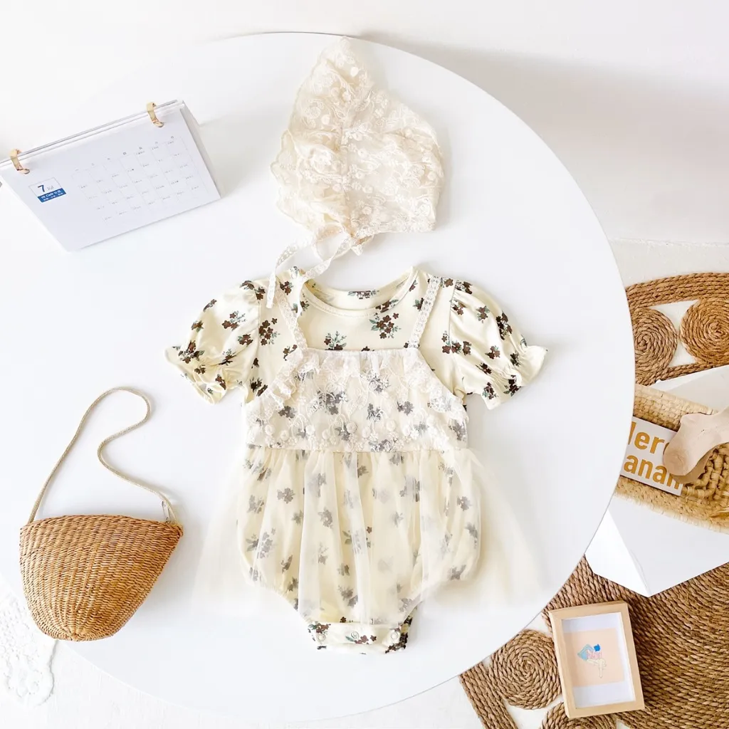 Review Bộ Đồ Liền Thân Ngắn Tay Ren Cotton Có Mũ Cho Bé Gái Mùa Hè