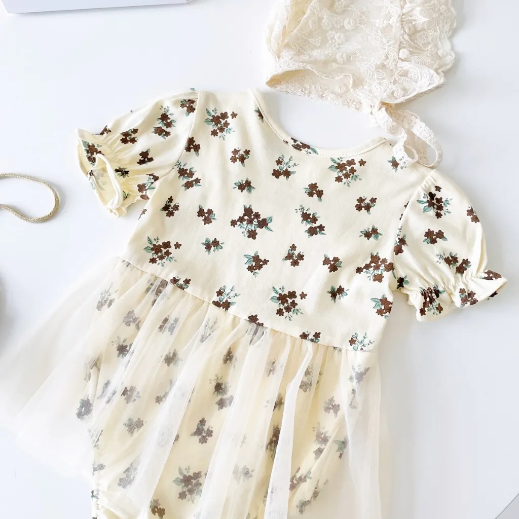 Ảnh Bộ đồ liền thân ngắn tay mùa hè cho bé gái Quần áo ren Cotton có mũ thông thường 3