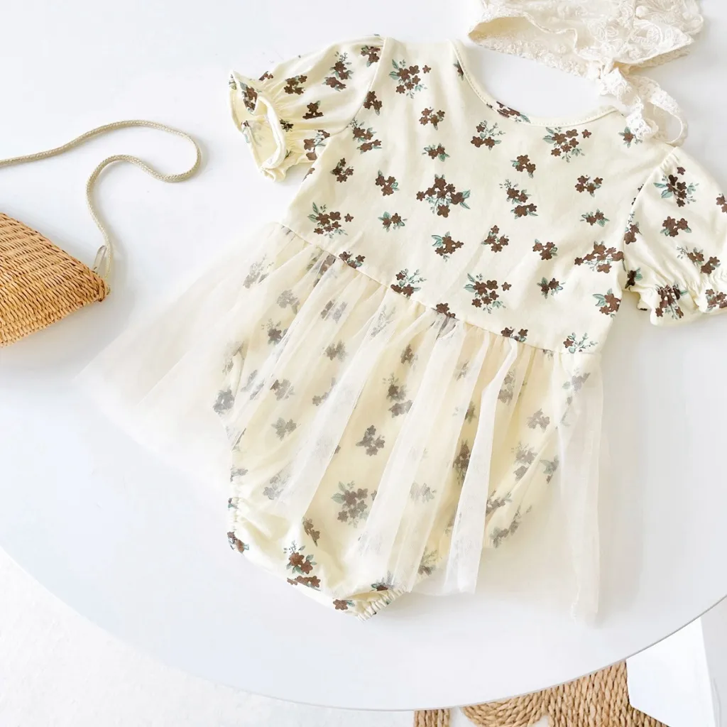 Ảnh Bộ đồ liền thân ngắn tay mùa hè cho bé gái Quần áo ren Cotton có mũ thông thường 4