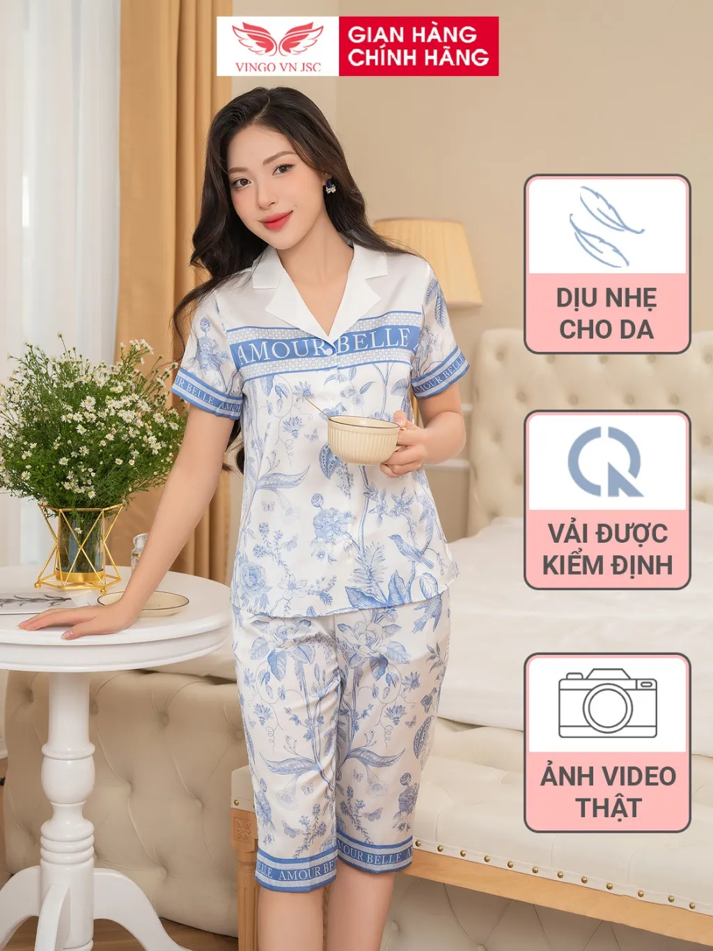 Ảnh Bộ đồ ngủ Pijama mặc nhà lụa VINGO áo tay ngắn mùa hè H1050 VNGO 1