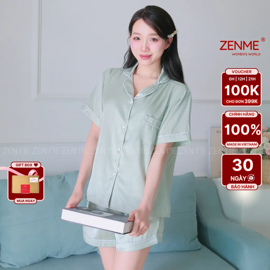 Ảnh Bộ đồ ngủ Pijama nữ ZENME Tay ngắn Quần Đùi Lụa Vân Gỗ Ánh Kim PJC0325 1