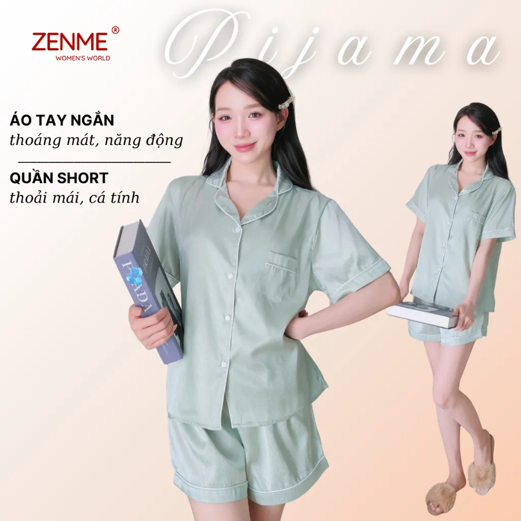Ảnh Bộ đồ ngủ Pijama nữ ZENME Tay ngắn Quần Đùi Lụa Vân Gỗ Ánh Kim PJC0325 2
