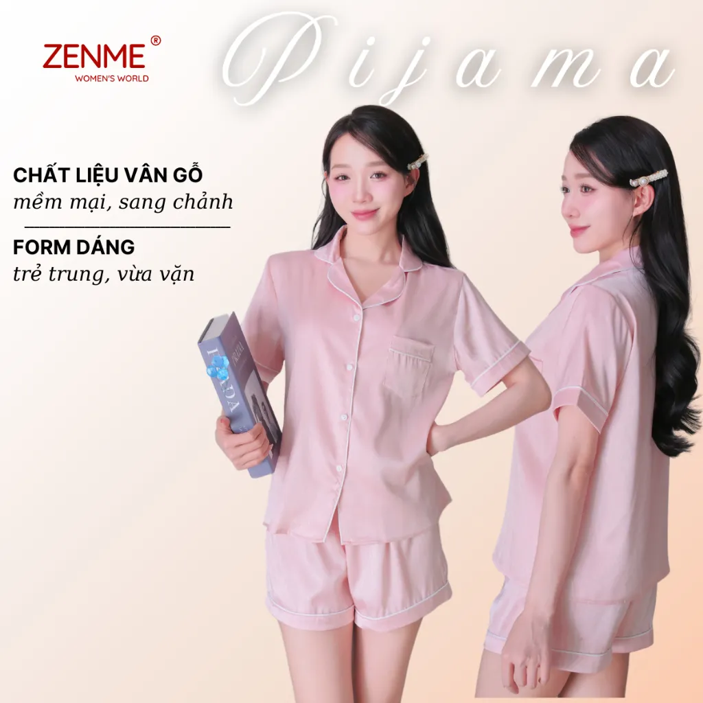 Ảnh Bộ đồ ngủ Pijama nữ ZENME Tay ngắn Quần Đùi Lụa Vân Gỗ Ánh Kim PJC0325 3