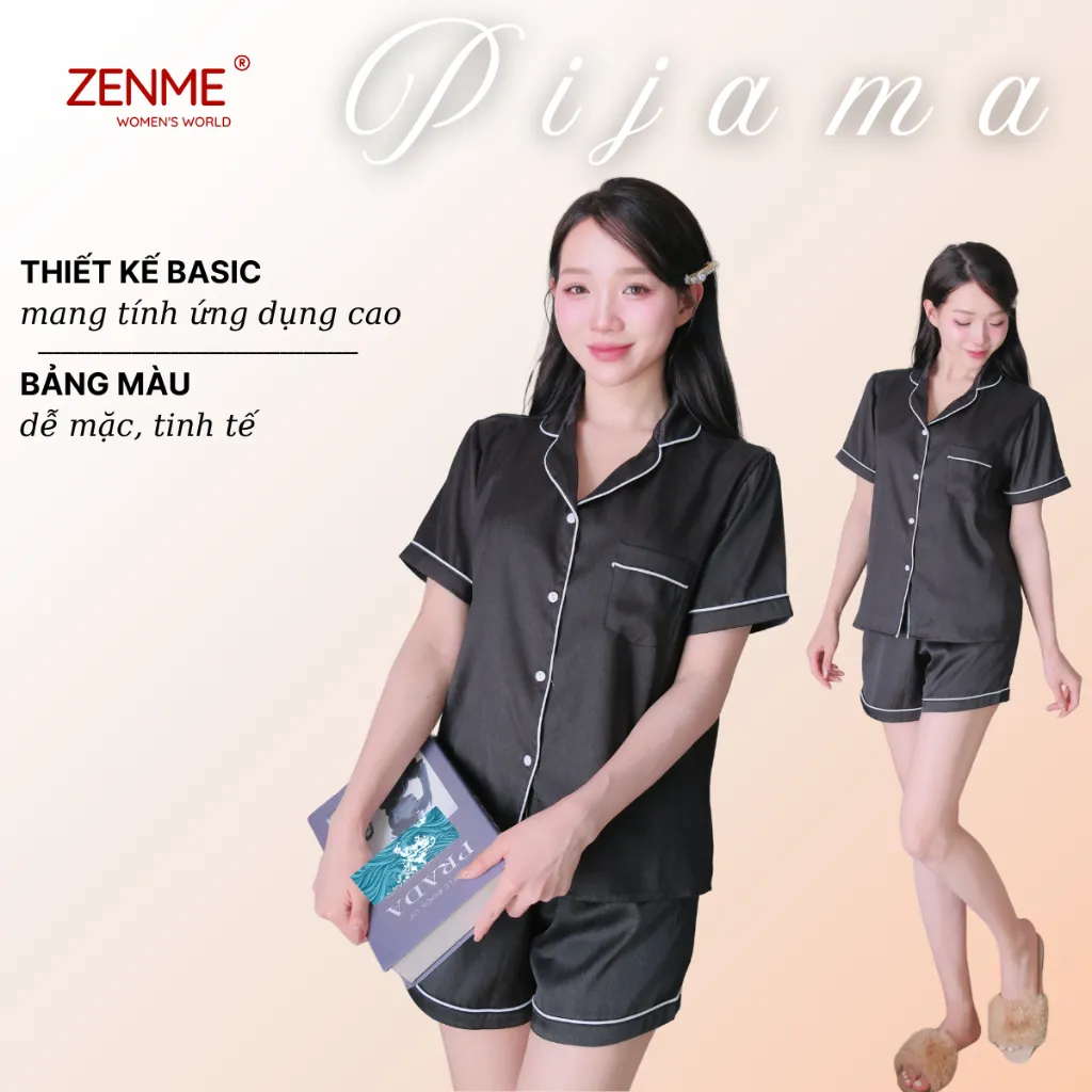 Ảnh Bộ đồ ngủ Pijama nữ ZENME Tay ngắn Quần Đùi Lụa Vân Gỗ Ánh Kim PJC0325 4
