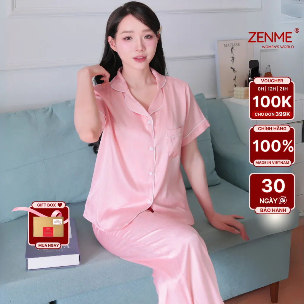Ảnh Bộ đồ ngủ Pijama nữ ZENME Tay ngắn Quần Dài Mùa Hè Lụa Vân Gỗ Ánh Kim PJD0225 1