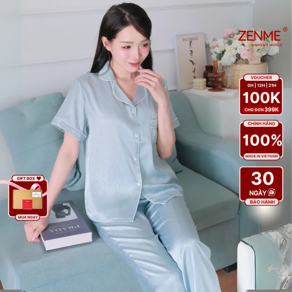 Ảnh Bộ đồ ngủ Pijama nữ ZENME Tay ngắn Quần Dài Mùa Hè Lụa Vân Gỗ Ánh Kim PJD0225 2