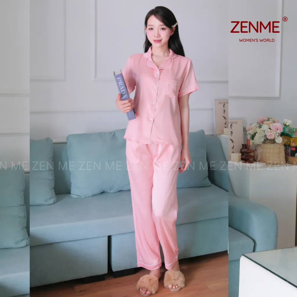Ảnh Bộ đồ ngủ Pijama nữ ZENME Tay ngắn Quần Dài Mùa Hè Lụa Vân Gỗ Ánh Kim PJD0225 3
