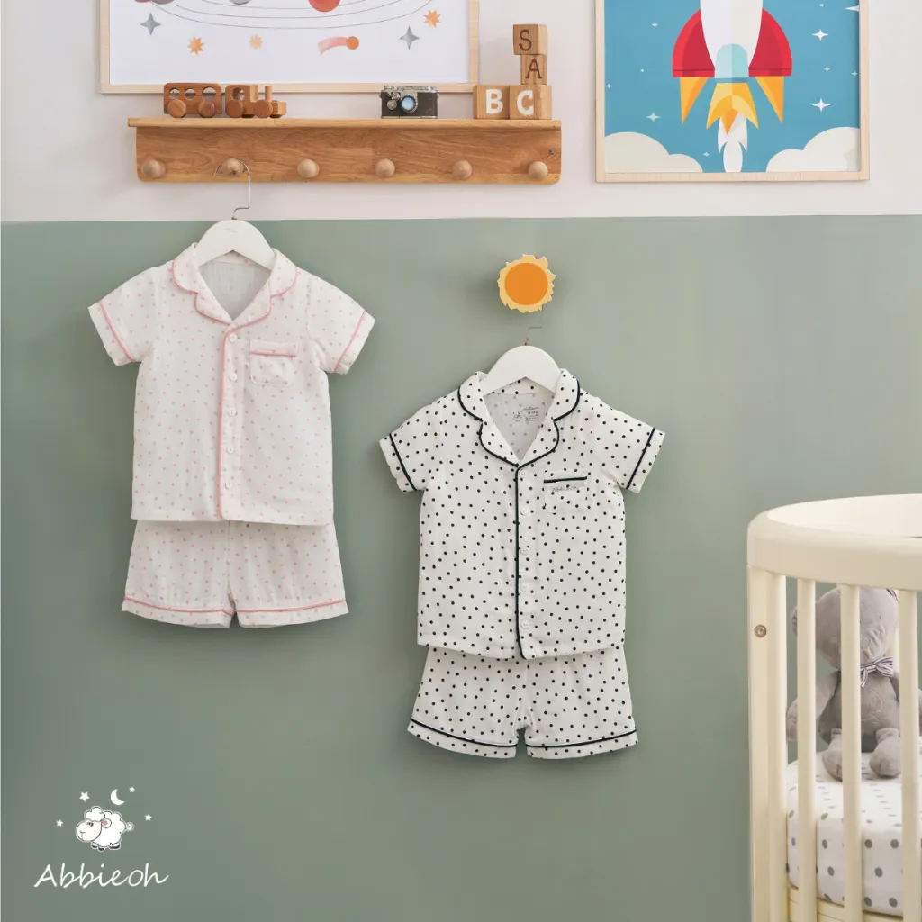 Ảnh Bộ pijama cộc tay cho bé ABBIEOH chất liệu cotton mềm mịn thấm hút hình chấm bi 0-4 tuổi BO623 1