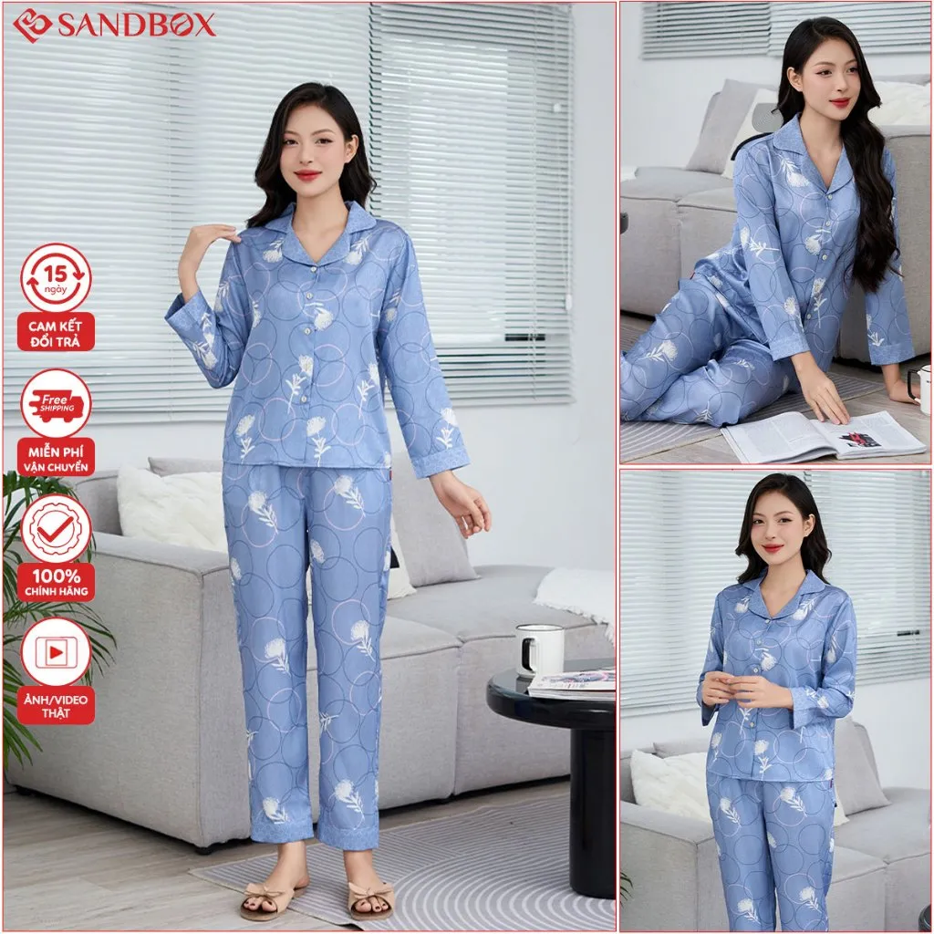 Ảnh Bộ Pijama Dài SANDBOX Đồ Bộ Lụa Vân Xước Thiết Kế Phối Họa Tiết BPD24005 4